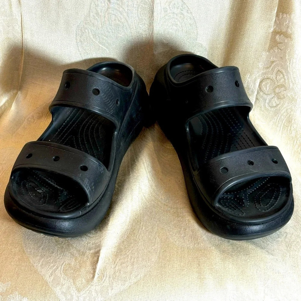 CROCS Sz 11 Classic Crush Iconic Comfort Chunky Wedge 2 Straps Slip On Slides
